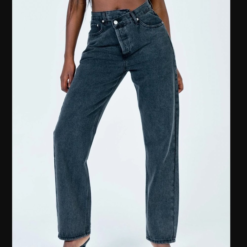 Princess Polly Holly Asymmetric Straight Leg Jean Black Denim